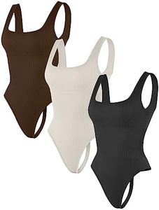 HEGALY Thong Bodysuits for Women 3 Piece Sexy Ribbed Seamless Tummy Control Shapewear Sleeveless Square Neck Tank Top, Black Coffee Beige, Medium