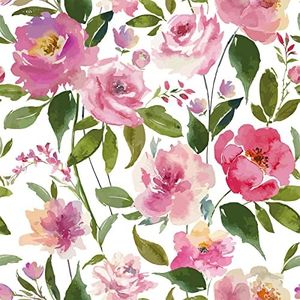 VEELIKE Pink Peonies Floral Wallpaper Watercolor Floral Peel and Stick Wallpaper 17.7''x354'' Vintage Floral Mural Contact Paper Self Adhesive Removable Wallpaper for Bedroom Bathroom Walls Cabinets