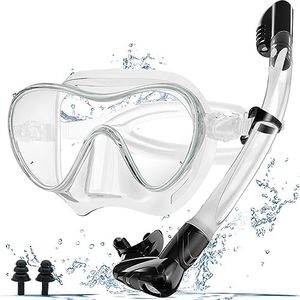 Snorkel Set, Snorkel Dry Top Snorkeling Gear for Adults, Panoramic Anti-Leak and Anti-Fog Tempered Glass Lens, Adults Adjustable Snorkeling Set, Scuba Diving Swimming Training Snorkel Kit (Clear)