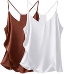 Ekouaer Womens Satin Cami Tops 2 Pack V Neck Silk Camisole Tank Top Spaghetti Strap Racerback Camis Blouse Shirt, White + Coffee, Medium