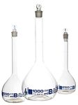 EISCO Volumetric Flask Set, 3 Pieces - Class B, ASTM - 250ml, 500ml & 1000ml - Glass Stopper - Blue Graduation