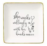 Nurse Appreciation Gifts for Women - She Works Willingly with Her Hands - Nurse Week Gift Ideas for Nurse Practitioner,Pharmacy,Medical,School, Roommate - Ceramic Jewelry Holder Ring Dish Trinket Tray