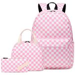 Dezcrab Checkered Kids Backpack for Girls, Teens School Bags Bookbags Set with Lunch Bag Pencil Case (Pink)