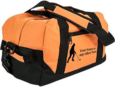 Personalized Passion 14” Small Sports Duffel Bags for Kids - Waterproof Travel Duffle with Name & Hockey Design - Orange Two-Toned Kids Weekender Bag for Boys and Girls