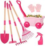 Duckura Kids Gardening Tools Set - 7pcs Wheelbarrow Set for Kids with Shovel, Rake, Leaf Rake, Summer Outdoor Yard Digging Weed Toys, Halloween Birthday Gifts for Boys Girls Age 2 3+ Years Old(Pink)