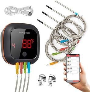 Grill BBQ Bluetooth Meat Thermometer with 4 Colored Probes, Inkbird Digital Wireless Grill Thermometer, Timer, Alarm,150ft Kitchen Food Cooking Meat Thermometer for Smoker, Oven, Drum