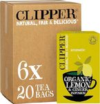 Clipper Organic Lemon & Ginger Tea Bags | 120 Teabag Sachets (6x Boxes of 20) | Bulk Buy, Home & Catering | Caffeine-Free Herbal Tea Bags | Eco-Conscious, Natural, Unbleached & Biodegradable
