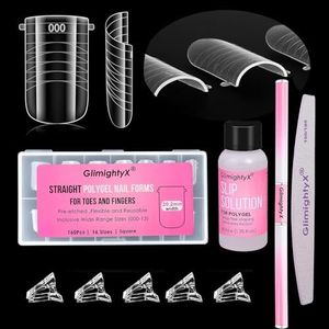 Poly Gel Nail Kit for Toes and Fingers,GlimightyX Straight Extra Wide Dual Forms Reusable,16 Sizes(000-13) Molds for Polygel Extension,1.35oz Nail Slip Solution, Dual-Ended Brush,Nail File &5 Clips