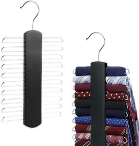Kaizuca 2 Pièce Cravates Bois Cintre, Porte Cravate, Cintre Porte, avec 20 Cloisons Métalliques et Crochet Rotatif à 360 Degrés, pour Écharpe, Ceintures, Cravates, Accessoires (Noir)