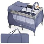 COSTWAY 3 in 1 Foldable Travel Cot, Portable Baby Bed Playard with Bassinet, Changing Table, 3 Hanging Toys, Lockable Wheels & Carry Bag, Infants Nursery Center Crib Bed for Newborn Toddlers (Grey)