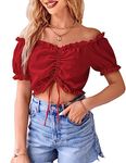 VIDUSSA Women's Summer Casual Blouses Puff Short Sleeve V Neck Off The Shouler Tops Red M