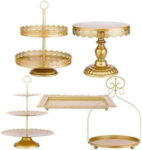 ZUMELER 5Pcs Gold Cake Stands Set Metal Round Cupcake Holder Cookies Dessert Display Plate Serving Tower Tray Platter with Handl for Baby Shower Wedding Birthday Party Decorating