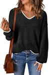 SHEWIN Womens Lightweight Sweaters Casual Long Sleeve V Neck Crochet Sweater Tops Cable Knit Pullover Jumper Fall Clothes for Women 2024, US 16-18(XL), Black White