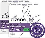 Claene Organic Cotton Cover Pads, Cruelty-Free, Menstrual Overnight Sanitary Pads for Women, Unscented, Breathable, Vegan, Organic Pads, Natural Sanitary Napkins with Wings (Regular, 32 Count)