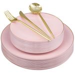 150 Pcs Plastic Plates Disposable Party Plates, Disposable Plates and Cutlery Set for 30 Guests, Include 30 Dinner Plates, 30 Dessert Plates, 30 Spoons, 30 Forks and 30 Knives, Pink with Gold Rim