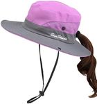 Kids Girls UV Protection Sun-Hat Wide Brim Bucket-Cap with Ponytail Hole Fit for 3-6 Years, Purple, 3-8 Years