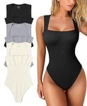 OQQ Women's 3 Piece Bodysuits Sexy Ribbed Strappy Square Neck Sleeveless Tummy Control Tank Tops Bodysuits, Black,grey,beige, Large