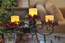 YAKii Classic Black Iron Stand with 3 Real Wax Flameless Candles, Scroll Candle Holder with LED Candles, for Christmas Table Decoration.