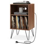 COSTWAY Record Player Stand with Charging Station, Turntable Stand End Sofa Side Table with 5 Shelves & Cable Hole, Albums Vinyl Record Storage Cabinet Holder for Living Room Bedroom (Walnut)