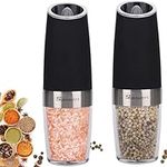 Electric Salt and Pepper Grinder Set, Automatic Gravity Activated Adjustable Coarseness One Hand Operation Pepper Grinders, Set of 2 (Black)