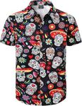 Fashonal Day of The Dead Skull Shirt Men Mexican Button Down Dia de Muertos Shirt, Sugar Skull, Size L