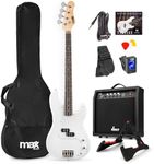 Max GigKit Electric Bass Guitar Starter Kit with 40W Amplifier, Stand, Strap, Tuner, Bag and Strings Set - Full Size, White