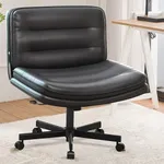 GTRACING Criss Cross Chair with Wheels, Comfy Desk Chair for Vanity Makeup, PU Leather Cross Legged Office Chair, Large Seat & Back Support, Height Adjustable Computer Chair for Home (Black)