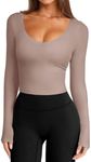 LASLULU Womens Long Sleeve Deep V Neck Gym Tops Padded Bras Running Yoga Tops Tight Casual Tee Shirts Fall Basic Tops for Girls(Sienna Large)