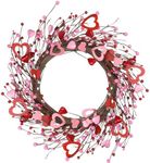 Valentine's Day Wreath, 18 Inch Artificial Valentines Day Wreaths for Front Door Farmhouse with Red Pink White Wooden Heart Berries, Valentines Day Decorations for Anniversary Wedding Indoor Outdoor