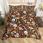 Castle Fairy Trippy Rustic Wild Botanical Palm Leaves Duvet Cover Queen for Kids Boys,Nature Burgundy Plant Bedding Set with Zipper Closure Quilt Cover,Mushroom Comforter Cover 3 Pcs,Ultra Soft