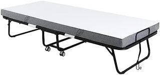 HOMCOM Folding Bed with 10cm Mattress, Portable Foldable Guest Bed with Sturdy Metal Frame on Wheels