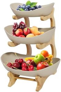 3 Tier Fruit Basket for Kitchen Counter – Ceramic Fruit Bowl Set with Bamboo Frame, Tiered Fruit Stand Organizer for Countertop Storage, Snack Holder and Vegetable Display, Space-Saving, Easy to Clean