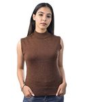 Varenyam Woollen Sleeveless high Neck Women Sweater (WS9508_dkcamel_L)