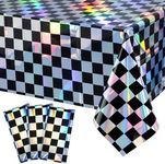 3Pack Black and Iridescent Checkered Plastic Tablecloth, Shiny Disposable Laser Rectangle Table Covers, Holographic Foil Tablecloth Iridescent Party Decorations for Picnic Camping Race Car, 54x108Inch