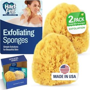 HartFelt Exfoliating Grass Sea Sponge Beauty Box | 2 Bath Sponges for Shower Women & Men 4in | Natural Sponge with Mesh Bag for Cleaning & Drying | Cleanses Skin from Dirt & Excess Oil - Gift Box