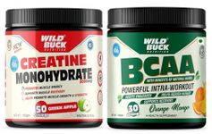 WILD BUCK Creatine Monohydrate, Strength, Reduce Fatigue, 100% Pure Creatine, Lean Muscle Building, Supports Muscle Growth, Athletic Performance, Recovery | Muscle Builder, Energy Support Supplement [50 Servings, Green Apple] + Wild Buck BCAA Powder with Natural & Powerful Herbs for Muscle Endurance, Muscle Growth, Recovery & Hydration | Pre, Intra & Post Workout BCAAs Supplement for Women & Men [Orange Mango, 30 Servings, 300g]