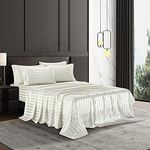 AiMay 6 Piece Satin Italian Style Bed Sheet Set Deep Pocket Striped 1800 Luxury Rich Silk 1 Flat Sheet 1 Fitted Sheet 4 Envelope Pillowcases Stain-Resistant Wrinkle Free (Queen,Off White)