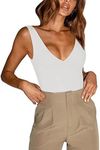 REORIA Women's Summer Sexy Plunge Deep V Neck Sleeveless Double Lined One Piece Tank Tops Thong Bodysuits Leotards for Going Out White Large