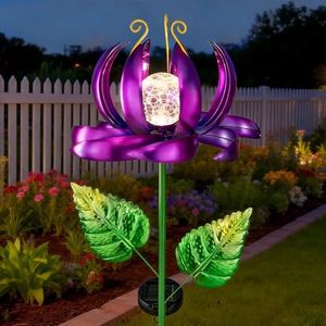 Garden Decor Solar Wind Spinners- Metal Lotus Flower Yard Lights LED Crackle Glass Globe Yard Art Sculpture Solar Stake Lights for Patio Pathway Lawn Walkway(Purple-Large)
