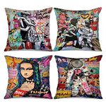 Banksy Street Graffiti Hugs Picture Cushion Covers Mona Lisa Pillow Covers Decorative 18x18inch Set of 4 Astronaut Pillow Covers Little Boy and Girl Kiss Throw Pillow Cases for Sofa Living Room