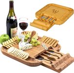 Picnic at Ascot - Personalized Engraved Bamboo Board for Cheese & Appetizers - Integrated Drawer with 4 Piece Knife Set - USA Designed & Quality Checked Laser Engraved Single Letter in Center Letter - W