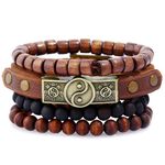 Aonklot 4Pcs Leather Bracelets for Men Stackable Yin Yang Bracelets Punk Layered Bracelets Wooden Beaded Wrap Bracelets Jewelry Gift, Metal, other