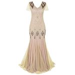 Flapper Dresses 1920s Gatsby - Womens Vintage V Neck Art Deco Beaded Sequin Mermaid Hem Formal Evening Party Dresses Plus Size Cocktail Maxi Gown Prom Halloween Fancy Dress Costume Apricot M