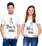 Hangout Hub HH76 She is Mine He is Mine Printed (White;Men M;Women L) Couple Tshirts for Couple Lover Husband Wife | Anniversary | Men's & Women's Cotton Printed Regular Fit T-Shirts (Set of 2)