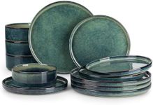 vancasso Starry Plates and Bowls Sets,12 Pieces Green Dinnerware Sets for Kitchen,Modern Stoneware Dishes Set for 4,Dishwasher and Microwave Safe