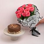 FlowerAura Fresh 500g Choco Walnut Cake With Fresh Live 12 Pink Rose Flower Bouquet For Valentine's Day Gift, Birthday Gift, Anniversary Gift, Women's Day Gift, Mother's Day Gift (Same Day Delivery)