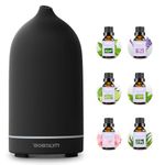 Essential Oil Diffuser Black Ceramic Ultrasonic Cool Air Mist Aromatherapy Oil diffuser with 6 Essential Oil Set 4 Timer Setting Waterless Auto Shut-Off and 7 LED lights for Home Office Yoga 150ml