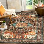 Yamaziot Area Rug 6x9 Large Rug, Non-Slip Washable Boho Vintage Living Room Bedroom Rug with Rubber Backing, Low Pile Faux Wool Soft Distressed Rug Floor Carpet for Dinning Room, Bedroom