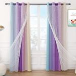 Anjee Cutout Star Curtains for Girls 2 in 1 Double Layer Light Blocking Ombre Window Blackout Drapes with Sheer Voile for Living Room Kids Bedroom 2 Panel Sets,52 x 63 inches Long, Blue Purple Yellow