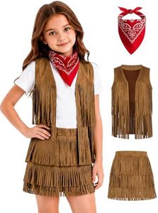 Girls Cowgirl Outfits Fringe Vest and Skirt Boho Set 5-12Y(2009-05-5/6Y)